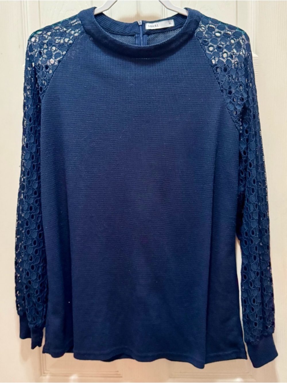 Navy Lace-Sleeve Knit Top